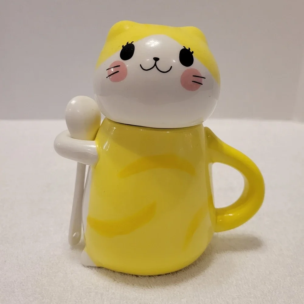 Kawaii‎ Hand Painted Cat Ceramic Mug with spoon and lid
